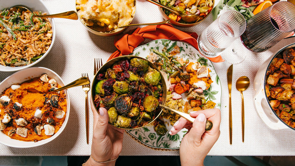 Roasted Brussels with Bacon + Cranberry